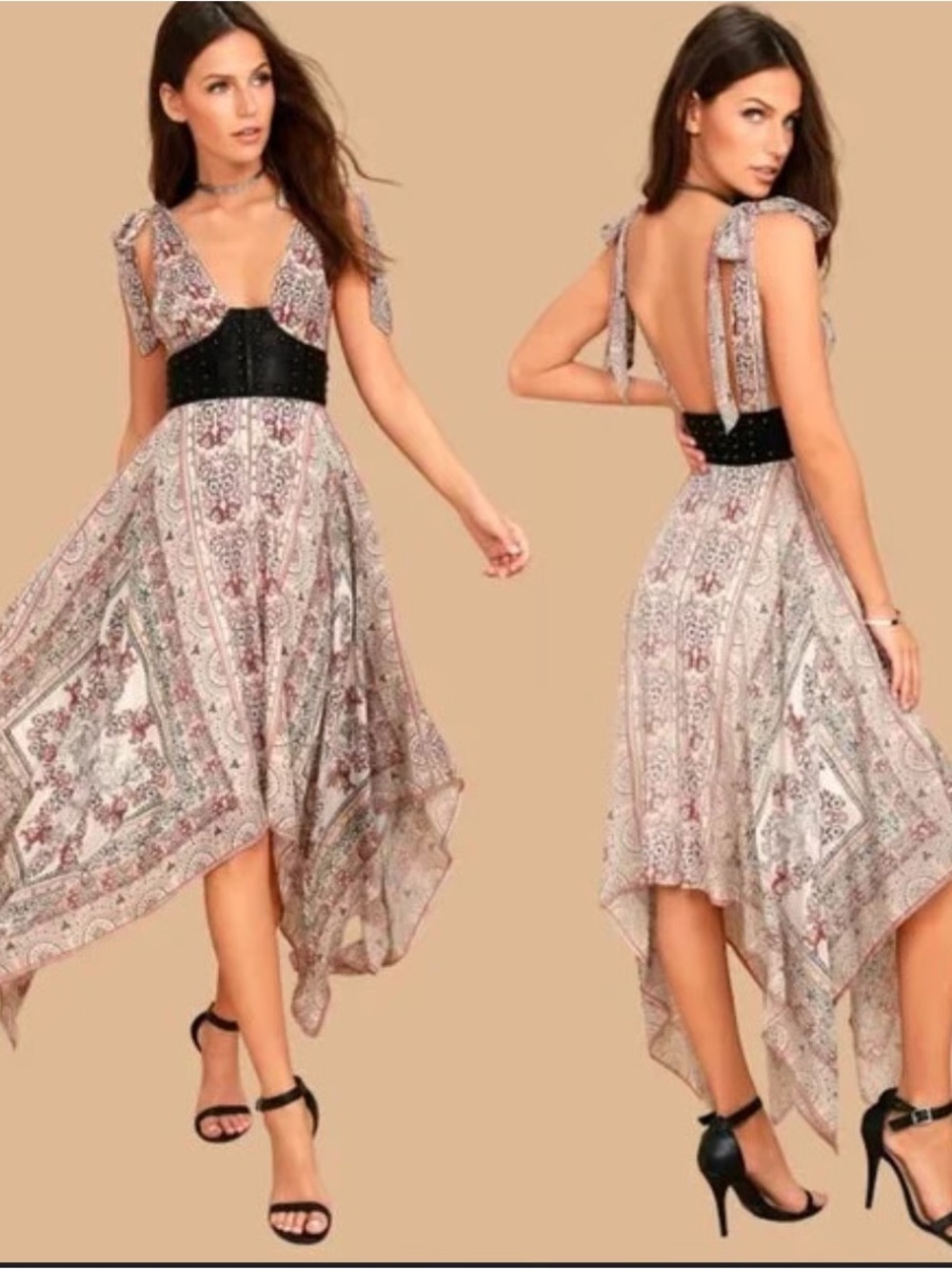 Free People Boho Tie-Shoulder Dress with Black Faux-Leather Corset Waist
